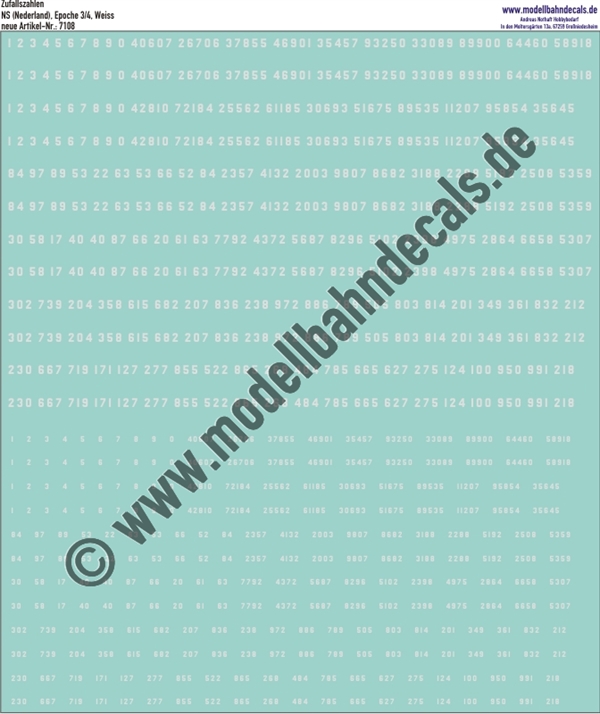 "Nass-Schiebebilder: Zufallszahlen, 4-fach (2 gross, 2 klein) Weiss, Epoche 3/4 NS (Niederlande), je 20 Stück 1-5 stellig, 40 Stück 3-stellig. Artikel-Nummer: 7108"