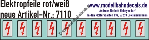 "Nass-Schiebebilder: 10 Stück Elektropfeile Rot auf Weiss mit Rahmen, Vorbildhöhe ca. 200 mm, allgemeine Verwendung - nicht für Lokomotiven. Artikel-Nummer: 7110"