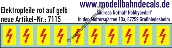 "Nass-Schiebebilder: 10 Stück Elektropfeile Rot auf Gelb, Vorbildhöhe ca. 300 mm, allgemeine Verwendung - nicht für Lokomotiven. Artikel-Nummer: 7115"