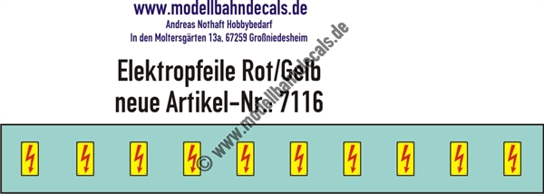 "Nass-Schiebebilder: 10 Stück Elektropfeile Rot auf Gelb mit Rahmen, Vorbildhöhe 147 mm; geeignet für Lokomotiven. Artikel-Nummer: 7116"