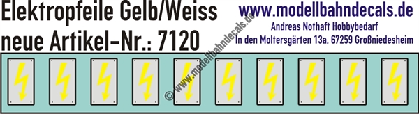 "Nass-Schiebebilder: 10 Stück Elektropfeile Gelb auf Weiss mit Rahmen, Vorbildhöhe ca. 200 mm, allgemeine Verwendung - nicht für Lokomotiven. Artikel-Nummer: 7120"