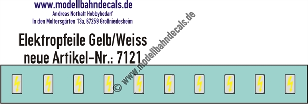 "Nass-Schiebebilder: 10 Stück Elektropfeile Gelb auf Weiss mit Rahmen, Vorbildhöhe 147 mm; geeignet für Lokomotiven. Artikel-Nummer: 7121"