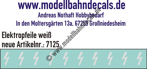 "Nass-Schiebebilder: 10 Stück Elektropfeile Weiss, Vorbildhöhe ca. 200 mm, allgemeine Verwendung - nicht für Lokomotiven. Artikel-Nummer: 7125"