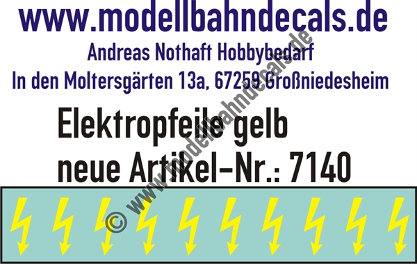 "Nass-Schiebebilder: 10 Stück Elektropfeile Gelb, Vorbildhöhe ca. 180 mm, allgemeine Verwendung - nicht für Lokomotiven. Artikel-Nummer: 7140"