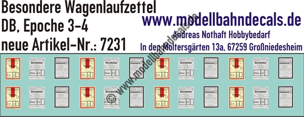 "Nass-Schiebebilder: Besondere Wagenlaufzettel (Viehwagen, Dienstkohlen, Stückgut) 12x2 Stück; Individualisierung ist möglich (0,50 Euro/Änderung). Lesbar ab Spur 0 aufwärts! Fotos dazu finden Sie in unserer Bildergalerie!. Artikel-Nummer: 7231"
