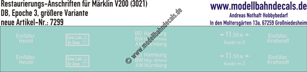 "Nass-Schiebebilder: Restaurierungs-Decals Beschriftungen für Märklin V200 (3021), Variante B mit etwas größeren Anschriften - Loks bis ca. 1966. Artikel-Nummer: 7299"