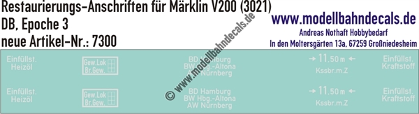 Nass-Schiebebilder: Restaurierungs-Decals Beschriftungen für Märklin V200 (3021) mit etwas kleineren Anschriften - Loks ab ca. 1966. Artikel-Nummer: 7300
