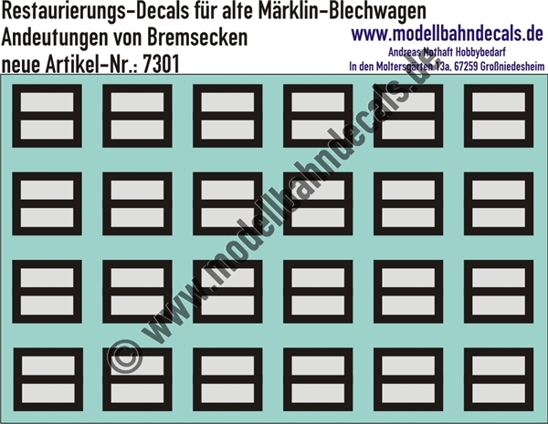 "Nass-Schiebebilder: Restaurierungs-Decals Beschriftungen für alte Blechwagen von Märklin, Andeutung von Bremsecken. Artikel-Nummer: 7301"