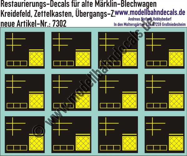 "Nass-Schiebebilder: Restaurierungs-Decals Beschriftungen für alte Blechwagen von Märklin, Kreidefeld, Zettelkasten, Übergangs-Zettel. Artikel-Nummer: 7302"