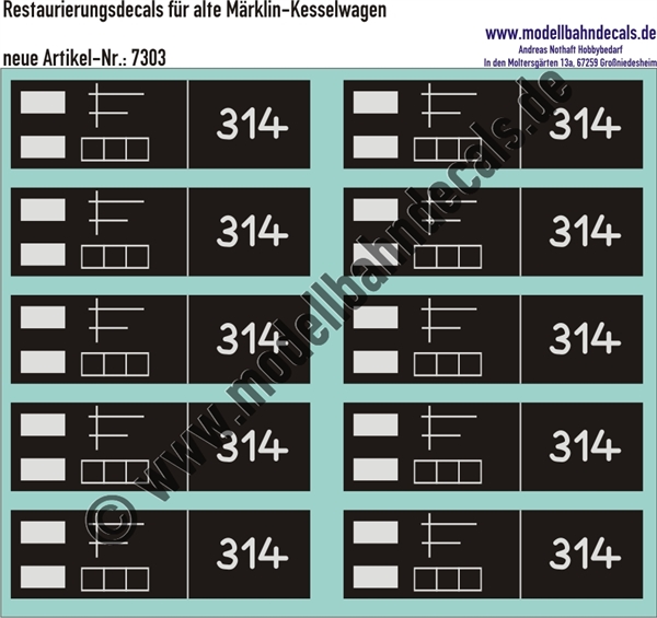 "Nass-Schiebebilder: Restaurierungs-Decals Beschriftungen für alte Blechwagen (Kesselwagen) von Märklin, Bremsecken, Kreidefeld und 314. Artikel-Nummer: 7303"