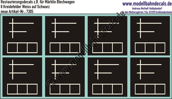 "Nass-Schiebebilder: Restaurierungs-Decals Beschriftungen für alte Blechwagen von Märklin, Kreidefelder. Artikel-Nummer: 7305"