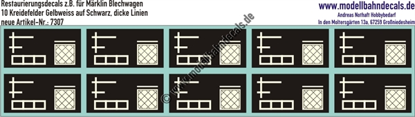 "Nass-Schiebebilder: Restaurierungs-Decals Beschriftungen für alte Blechwagen von Märklin, Kreidefelder, Übergansgzettel, Zettelkasten; dicke Linien. Artikel-Nummer: 7307"