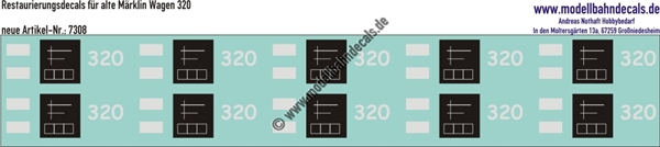 Nass-Schiebebilder: Restaurierungs-Decals Beschriftungen für alte Blechwagen von Märklin Nummer 320. Artikel-Nummer: 7308