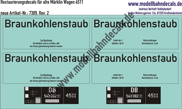 Nass-Schiebebilder: Restaurierungs-Decals Beschriftungen für alte Blechwagen von Märklin Nummer 4511 (Braunkohlestaub). Artikel-Nummer: 7309