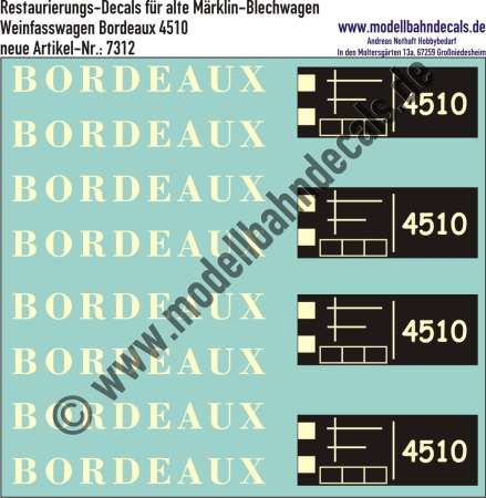 Nass-Schiebebilder: Restaurierungs-Decals Beschriftung (Hellgelb) für Bordeaux-Weinfasswagen von Märklin (Nummer 4510). Artikel-Nummer: 7312