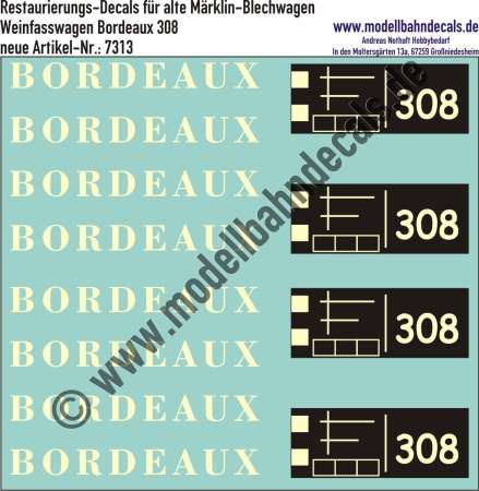 Nass-Schiebebilder: Restaurierungs-Decals Beschriftung (Hellgelb) für Bordeaux-Weinfasswagen von Märklin (Nummer 308). Artikel-Nummer: 7313