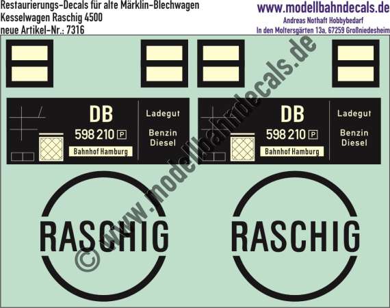 Nass-Schiebebilder: Restaurierungs-Decals Beschriftung für Kesselwagen der DB/Raschig von Märklin (Nummer 4500). Artikel-Nummer: 7316