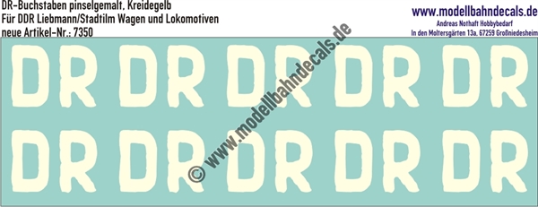 "Nass-Schiebebilder: Restaurierungs-Decals Beschriftungen für alte Blechwagen von Liebmann/Stadtilm, DR in Buchstaben, Kreidegelb für Lokomotiven und Wagen. Artikel-Nummer: 7350"