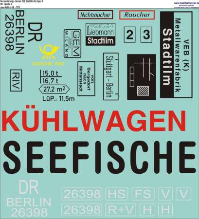 Nass-Schiebebilder: Restaurierungs-Decals Beschriftungen für Spur 0 Fahrzeuge von Stadtilm, DR Epoche 3 - natürlich auch in anderen Maßstäben erhältlich. Artikel-Nummer: 7351