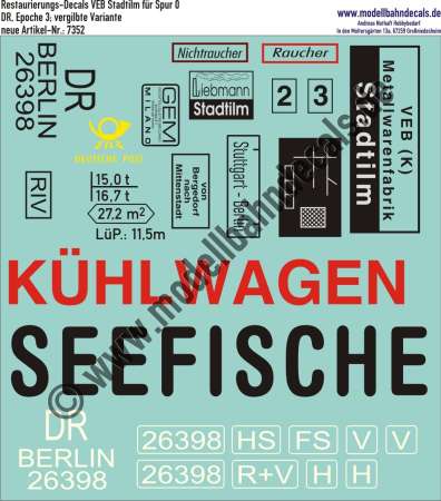 Nass-Schiebebilder: Restaurierungs-Decals Beschriftungen für Spur 0 Fahrzeuge von Stadtilm, DR Epoche 3, vergilbte Variante - natürlich auch in anderen Maßstäben erhältlich. Artikel-Nummer: 7352