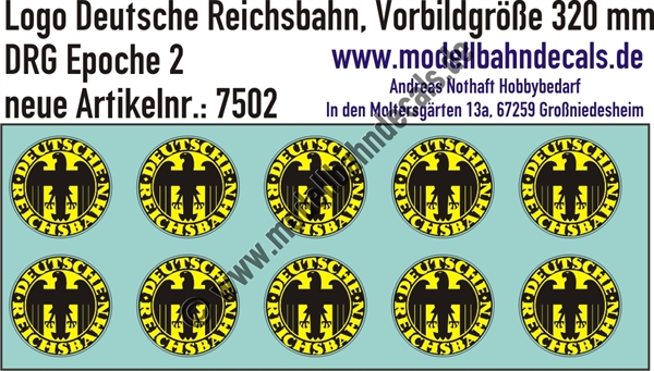 "Nass-Schiebebilder: DRG-Logo, Reichsbahnadler, rund Schwarz und Gelb, Vorbildgröße 320 mm!. Artikel-Nummer: 7502"