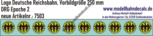 "Nass-Schiebebilder: DRG-Logo, Reichsbahnadler, rund Schwarz und Gelb, Vorbildgröße 250 mm!. Artikel-Nummer: 7503"