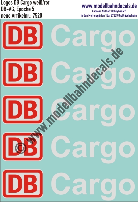 Nass-Schiebebilder: DB-Cargo Schrifzug Weiss/Rot. Artikel-Nummer: 7520