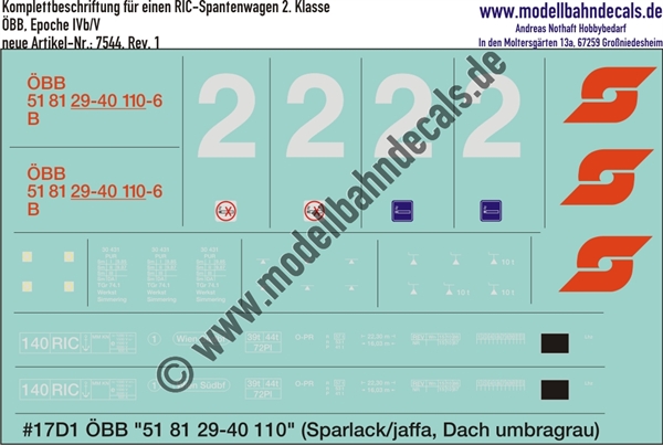 "Nass-Schiebebilder: Komplettbeschriftung für einen RIC-Spantenwagen 2. Klasse der ÖBB, Epoche IVb/V, 4-teilige Übergangstüre. Artikel-Nummer: 7544"