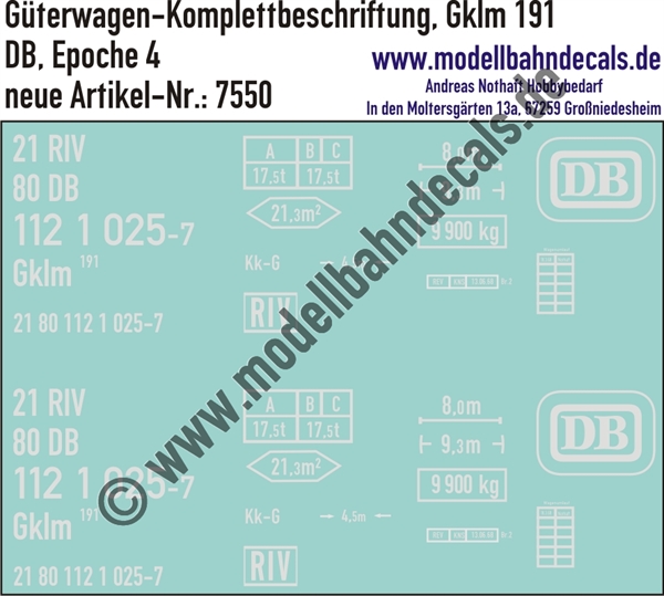 Nass-Schiebebilder: Güterwagen-Komplettbeschriftung Gklm 191 - DB Epoche 4. Artikel-Nummer: 7550