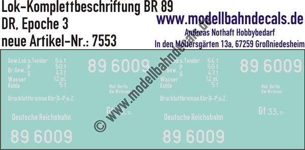 "Nass-Schiebebilder: Lok-Komplettbeschriftung BR 89, DR, Epoche 3. Artikel-Nummer: 7553"