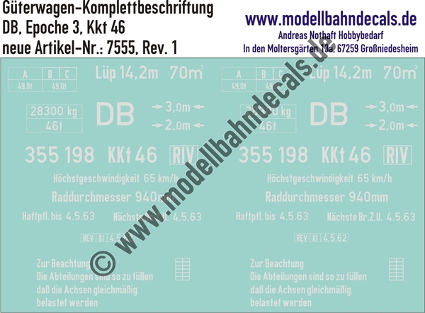 Nass-Schiebebilder: Güterwagen-Komplettbeschriftung KKt 46 - DB Epoche 3. Artikel-Nummer: 7555