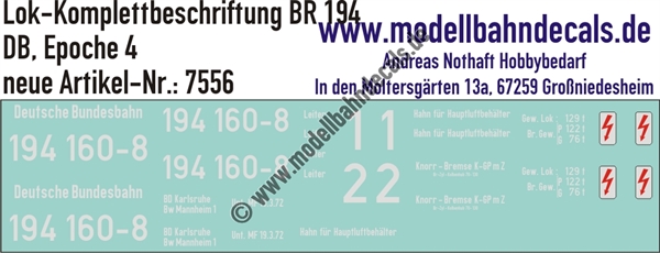 "Nass-Schiebebilder: Lok-Komplettbeschriftung BR 194, DB, Epoche 4. Artikel-Nummer: 7556"