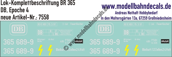 "Nass-Schiebebilder: Lok-Komplettbeschriftung BR 365, DB, Epoche 4. Artikel-Nummer: 7558"