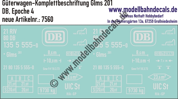 Nass-Schiebebilder: Güterwagen-Komplettbeschriftung Glms 201 - DB Epoche 4. Artikel-Nummer: 7560