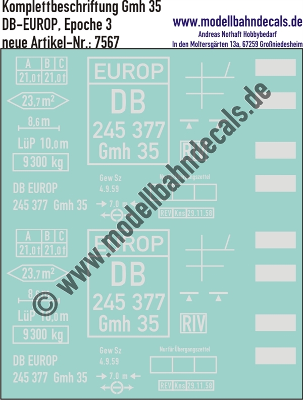 "Nass-Schiebebilder: Güterwagen-Komplettbeschriftung Gmh 35 - DB-EUROP, Epoche 3. Artikel-Nummer: 7567"
