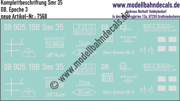 "Nass-Schiebebilder: Güterwagen-Komplettbeschriftung Smr 35 - DB, Epoche 3. Artikel-Nummer: 7568"
