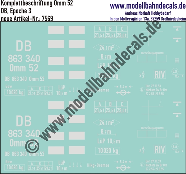 "Nass-Schiebebilder: Güterwagen-Komplettbeschriftung Omm 52 - DB, Epoche 3. Artikel-Nummer: 7569"