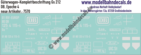 Nass-Schiebebilder: Güterwagen-Komplettbeschriftung Gs 212 - DB Epoche 4. Artikel-Nummer: 7570