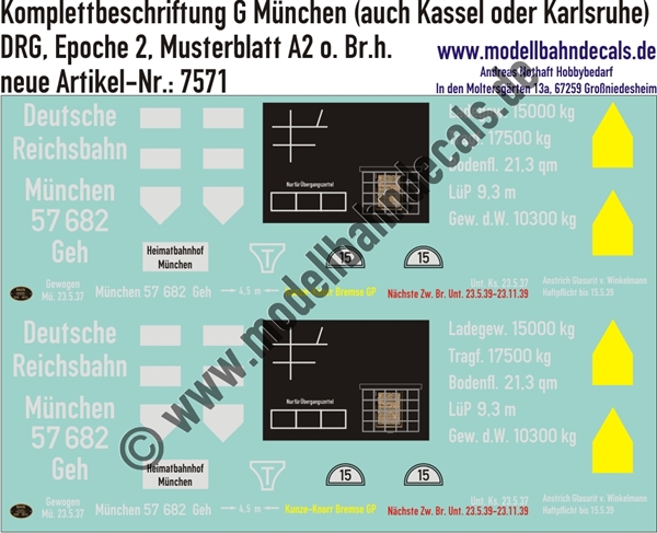 "Nass-Schiebebilder: Güterwagen-Komplettbeschriftung G München ohne Bremserhaus (auch möglich als Kassel oder Karlsruhe), DRG, Epoche 2. Artikel-Nummer: 7571"