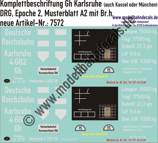 "Nass-Schiebebilder: Güterwagen-Komplettbeschriftung Gh Karlsruhe mit Bremserhaus (auch möglich als Kassel oder München), DRG, Epoche 2. Artikel-Nummer: 7572"