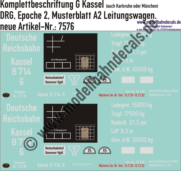 "Nass-Schiebebilder: Güterwagen-Komplettbeschriftung G Kassel Leitungswagen (auch möglich als Karlsruhe oder München), DRG, Epoche 2. Artikel-Nummer: 7576"