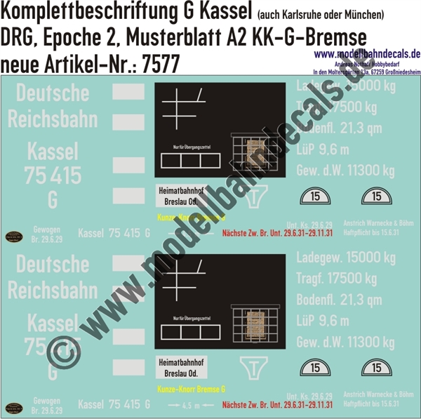 "Nass-Schiebebilder: Güterwagen-Komplettbeschriftung G Kassel mit Bremserhaus, KK-G-Bremse (auch möglich als Karlsruhe oder München), DRG, Epoche 2. Artikel-Nummer: 7577"