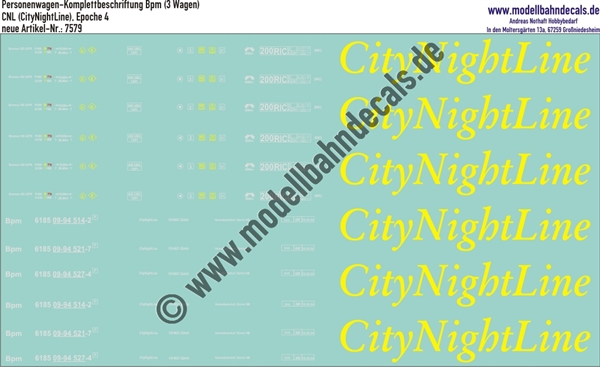 "Nass-Schiebebilder: Personenwagen-Komplettbeschriftung CityNightLine (CNL), Bpm (3 Wagen), Epoche 4. Artikel-Nummer: 7579"