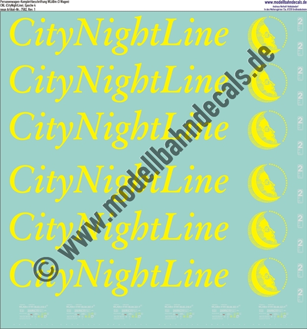 "Nass-Schiebebilder: Personenwagen-Komplettbeschriftung CityNightLine (CNL), WLABm (3 Wagen), Epoche 4. Artikel-Nummer: 7582"