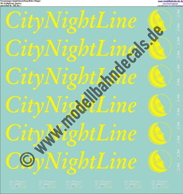 "Nass-Schiebebilder: Personenwagen-Komplettbeschriftung CityNightLine (CNL), WLBm (3 Wagen), Epoche 4. Artikel-Nummer: 7583"