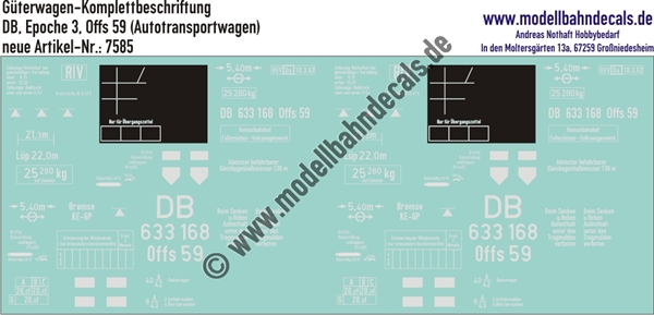 "Nass-Schiebebilder: Güterwagen-Komplettbeschriftung Offs 59 (Autotransportwagen, Doppeleinheit) - DB Epoche 3. Artikel-Nummer: 7585"