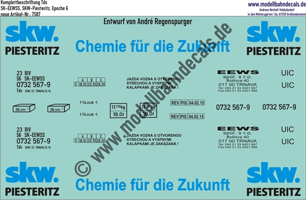 "Nass-Schiebebilder: Güterwagen-Komplettbeschriftung Tds - SK-EEWSS, SKW Piesteritz, Epoche 6. Artikel-Nummer: 7587"