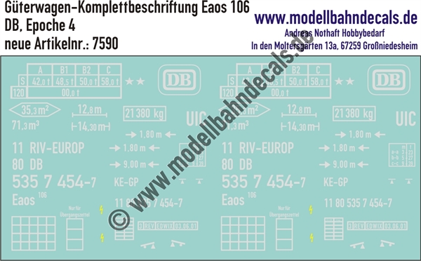 Nass-Schiebebilder: Güterwagen-Komplettbeschriftung Eaos 106 - DB Epoche 4. Artikel-Nummer: 7590