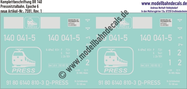 "Nass-Schiebebilder: Lok-Komplettbeschriftung BR 140 Pressnitztalbahn, Epoche 6. Artikel-Nummer: 7591"