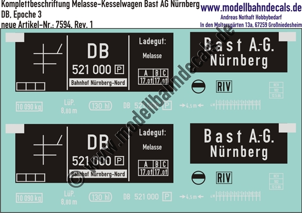 "Nass-Schiebebilder: Güterwagen-Komplettbeschriftung Melasse-Kesselwagen, Bast AG Nürnberg, DB, Epoche 3. Artikel-Nummer: 7594"